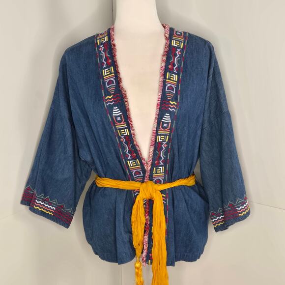 Falls Creek EUC denim embroidered Aztec open jacket kimono sleeves Medium blue - Picture 11 of 15